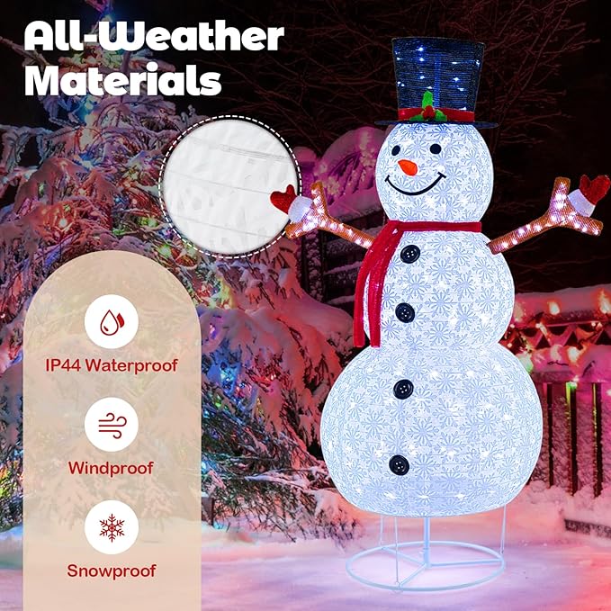 Tangkula 6 FT Pre-Lit Christmas Snowman w/Built-in Lights, Xmas Snowman w/Black Hat, Branch Hands & Snowflake Patterns, Zip Ties & Ground Stakes, Decorative Christmas Snowman for Yard, Garden