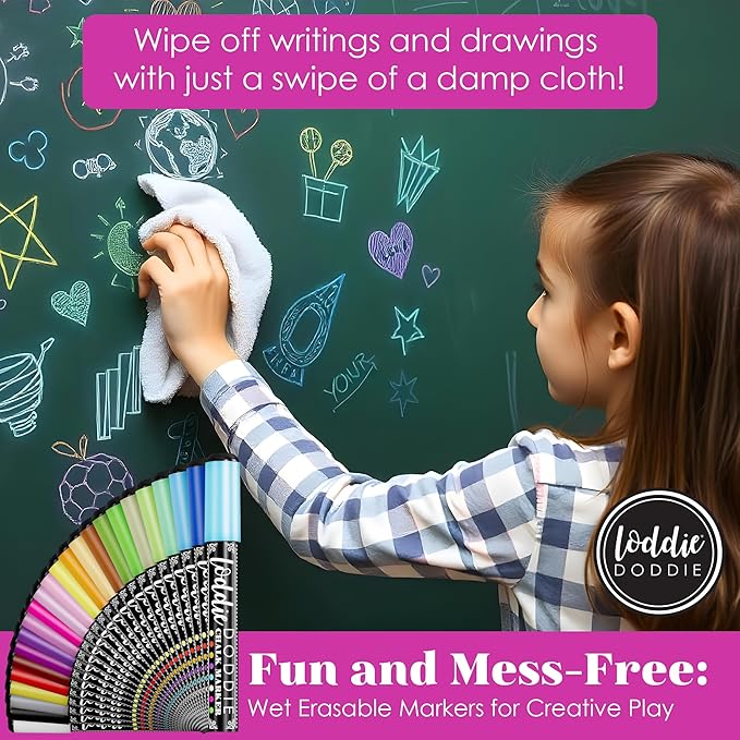 Loddie Doddie Liquid Chalk Markers (24-Pack) - Dust-Free Erasable Pens for Windows, Glass, Chalkboard & Blackboard - 6mm Reversible Bullet & Chisel Tip