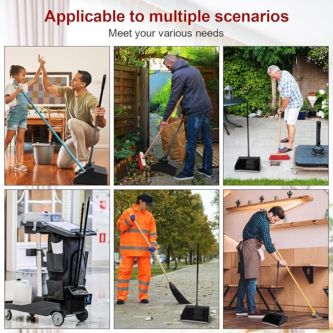 Leumoi 8 Pcs Dust Pans with Long Handle Set 36.6 Inch Commercial Dust Pan with Comb Large Plastic Stand up DustPans for Outdoor Indoor Restaurant Home Office Floor Cleaning (Black)