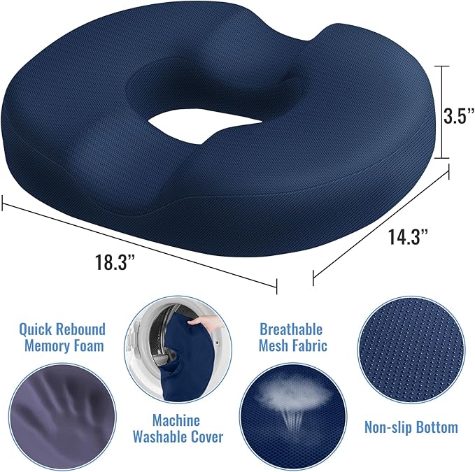CloudBliss Donut Pillow Seat Cushion for Tailbone Pain Relief and Hemorrhoids, Memory Foam Seat Chair Cushion for Postpartum Pregnancy, Seat Cushions for Men and Women for Home & Office, (Blue-XL)