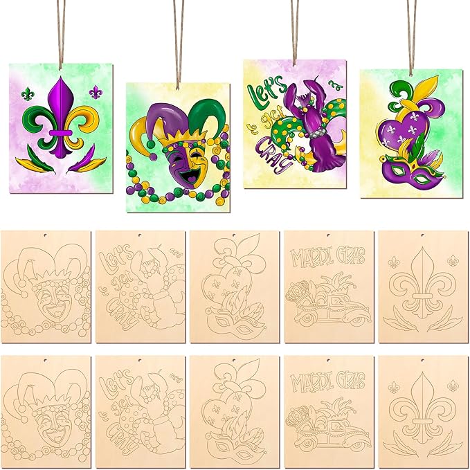 COCHIE 10 Pieces Large Mardi Gras Unfinished Wood Crafts to Paint for Adults and Kids, Bulk Predrilled Wooden Ornaments for Painting, Butterflies Paintable Wood Slices Craft Supplies with Ropes