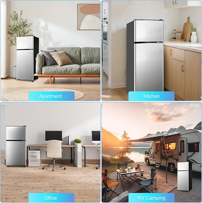 Mini Fridge with Freezer, 4.0 Cu. Ft. Double-Door Mini Refrigerator with 7-Level Adjustable Thermostat & Adjustable Glass Shelves, Compact Dorm Fridge 37 dB Low Noise for Bedroom, Apartment, Silver