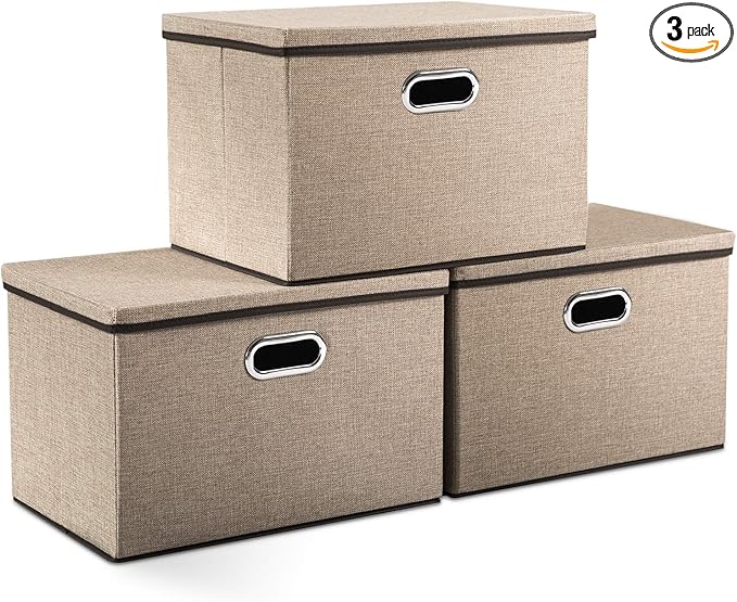 PRANDOM Large Collapsible Storage Bins with Lids [3-Pack] Jute Fabric Foldable Storage Boxes Organizer Containers Baskets Cube with Cover for Home Bedroom Closet Office Nursery (17.7x11.8x11.8)