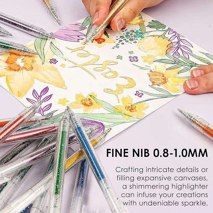 Grabie Glitter Gel Pens 18 Colors, Metallic Vibrant Sparkle Gel Pens for Coloring, Retractable Sparkle Glitter Pens for Adults,Colored Gel Pens for Adult Coloring Books and Drawing