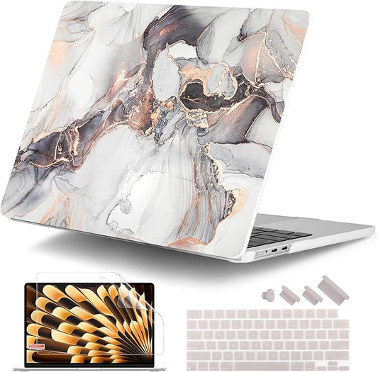 DONGKE Compatible with M4 MacBook Air 15 inch Case 2025 2024 2023 A3241 A3114 A2941 M3 M2 Liquid Retina Display Touch ID, Plastic Hard Case & Keyboard Skin & Screen Protector - Abstract Marble
