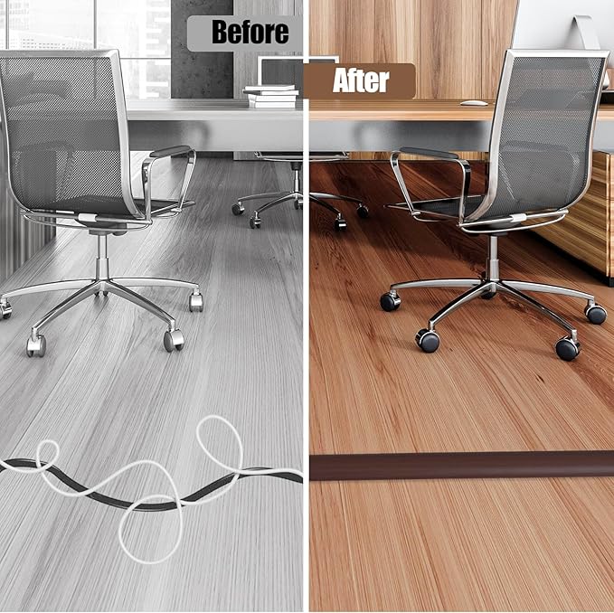 Floor Cord Cover Cavity 0.8"x0.37" Self Adhesive Cord Hider, 3.3FT Low Profile Cable Management, Extension Strip Protector for Wires, Prevent Cable Trips for Offices, Gyms, Exhibitions (Black Wood)