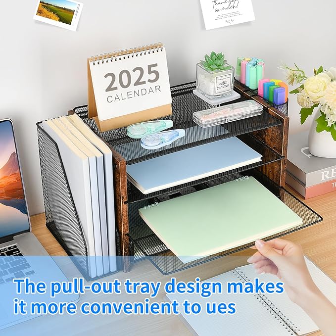 Desk Organizer and Accessories, 4-Tier Desktop File Organizer with Drawer and 2 Pen Holders, Office Desk Accessories for Office Supplies(Wood)