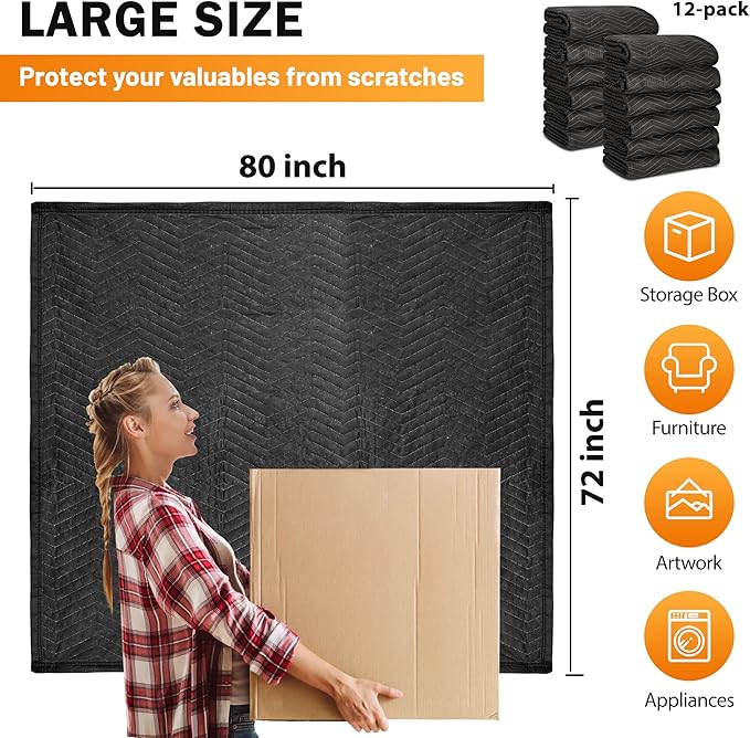 12 Moving Packing Blankets 80 x 72 Inches (65 lb/Dozen) Heavy Duty Moving Pads for Protecting Furniture Professional Quilted Shipping Furniture Pads