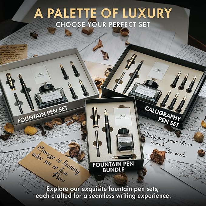 Wordsworth & Black Fountain Pen Set,18K Gilded Medium and Extra Fine Nib,25MLBlack Ink Bottle,6 Ink Cartridges,Refill Converter,Gift Box,Smooth Writing Pens [Black Gold],Gift Set for Men and Women