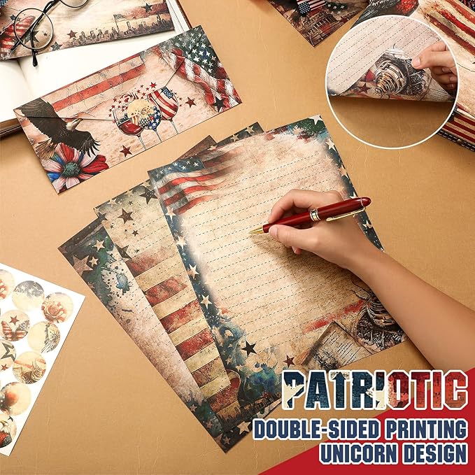 TaoBary 160 Pcs Stationery Paper Set 50 Double Sided Stationery Papers with 50 Matching Envelopes and 60 Round Dot Sticker, 10 Design(Patriotic,8.5 x 11 Inch)
