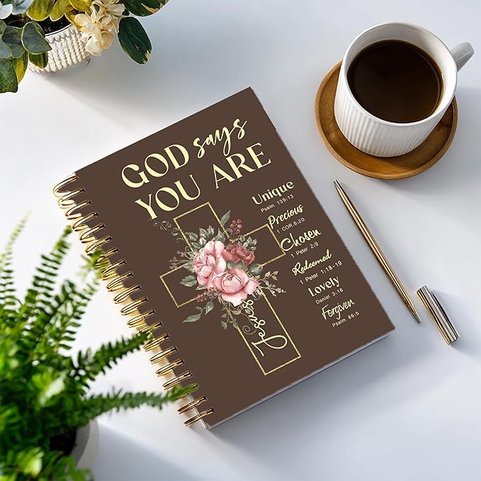 Bible Notebook, A5 Spiral Christian Journal with Floral Notebook, Bible Verse-God Says You Are, Inspirational Notebooks for Women, Bible Study, Gift for Birthday Christmas, Office Supplies (Brown)