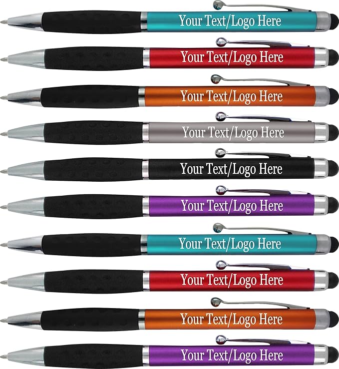 Personalized Pens With your Custom Logo or Text-600 Pack Bulk-for Businesses, Parties, and Events, 2 in 1 Ballpoint Pen & Stylus for Touchscreen Devices, Dark Assorted Barrels, Black Ink