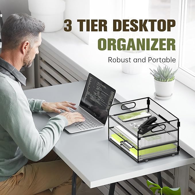 Daltrack 3-Tier Mesh Desk Organizer with Handle - Paper Tray Organizer for A4 Files, Black 2 Pack