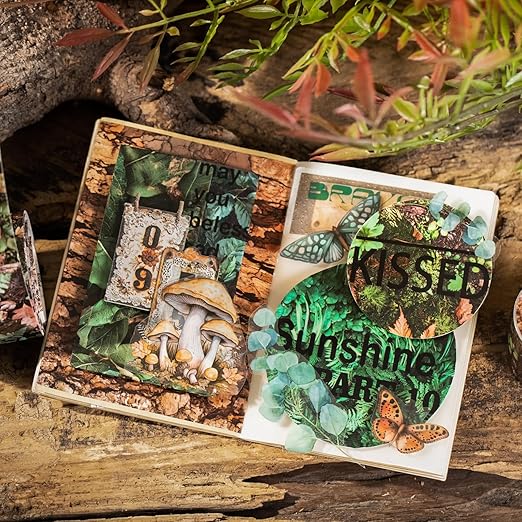 Nature-Inspired Washi Tape Set – 6 Decorative Rolls Featuring Realistic Plant, Pebble, Bark, Moss, and Water Designs for Journaling and Scrapbooking