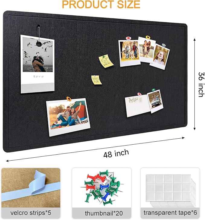 Large Bulletin Board - Foldable 36x48 Inches Cork Board Alternative with 20 Push Pins, 3' x 4' Self-Adhesive Felt Bulletin Board for Wall, Home Office Classroom Decor