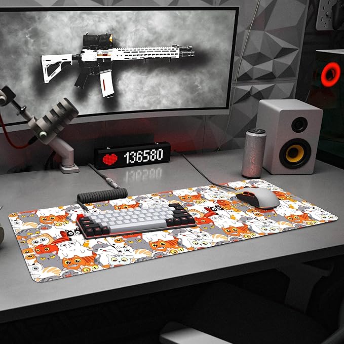 Cute Anime Cat Mouse Pad Large Desk Mat Extended Kawaii Keyboard Mouse Pad Mousepad with Non-Slip Base and Stitched Edge Funny Mouse Mat Desk Pad 31.5 X 11.8 in Mouse Pads for Desk Gaming Home Office