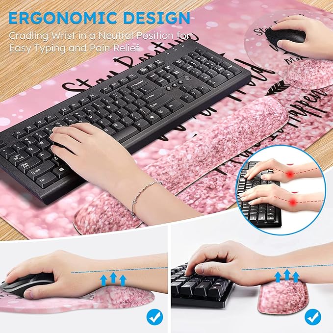 iCasso Mouse Pad,Large Pink Desk Mat Set, 4in1 XXL Mousepad + Keyboard Wrist Rest+Mouse Wrist Rest+Coaster with Ergonomic Desk Pad for Home Office Table Computer Cover -Pink Stay Positive