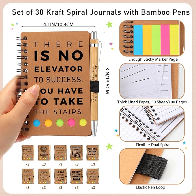 Yeaqee 30 Set Inspirational Spiral Notebook Bulk with Motivational Bamboo Ballpoint Pens Sticky Notepad Employee Appreciation Gifts for Teacher Staff Team Nurse Housekeeping Week Medical Assistant