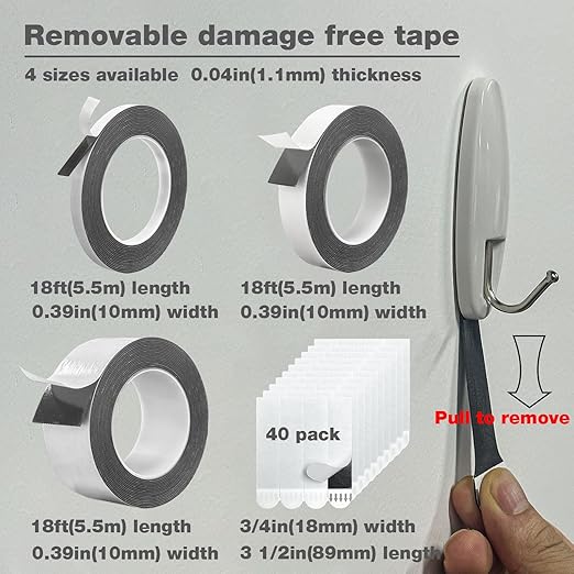 Damage Free Removable Wall Tape 40 Pack, Heavy Duty Double Sided Tape Black, Picture Hanging Strips Replacement, Mounting Tape Adhesive Strips