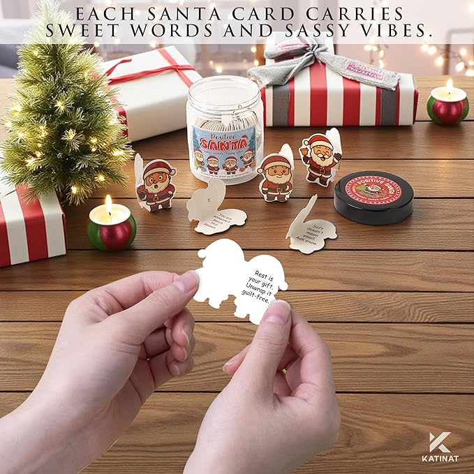 Positive Santa Jar – 60 Funny Emotional Support Santa Jar- Christmas Gifts for Teens, Women, Men, Coworkers, Teachers, Sisters, Friends – Christmas Stocking Stuffer for Teen Girls, Boys, Women