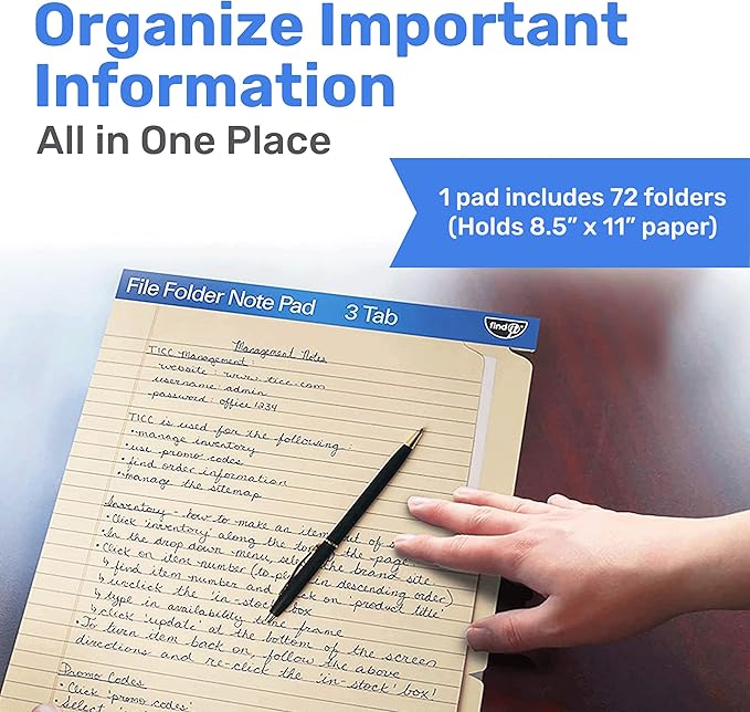 Find It File Folder Notepad - Pack of 72-9.5 x 12.5 Inch Notebook Organizer Folders for Filing, Document, and Clipboard Organization - Cream