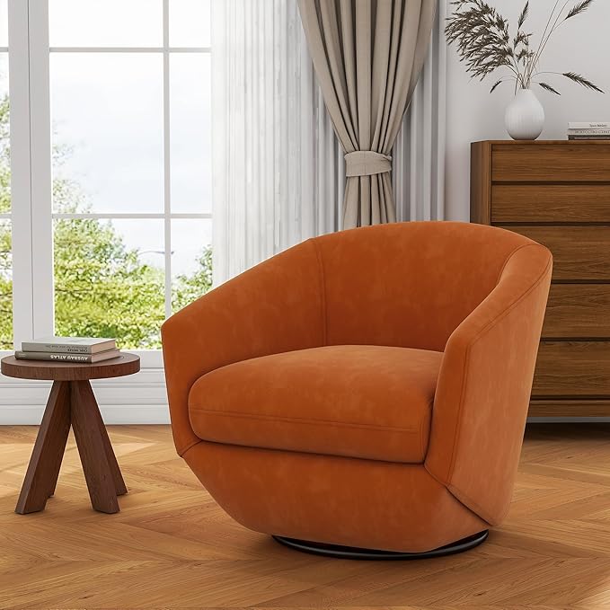 UIXE 360° Swivel Barrel Accent Chair, Velvet Upholstered Club Armchair for Living Room, Modern Round Arm Chair Single Sofa Bedroom Reading Seating (Orange)