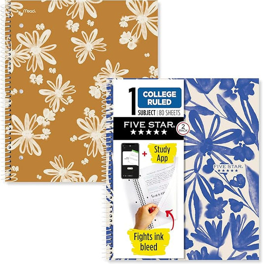 Five Star Spiral Notebook + Study App, 2 Pack, 1 Subject, College Ruled, 8-1/2" x 11", 80 Sheets, Fights Ink Bleed, Water Resistant Cover, Soft Petals (820331F-ECM)