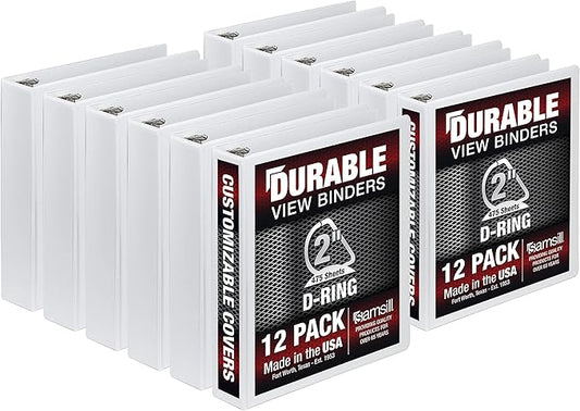 Samsill Durable 2 inch 3 Ring Binder, Made in USA, D Ring Binder, FSC 100% Recycled Chipboard, White, 12 Pack