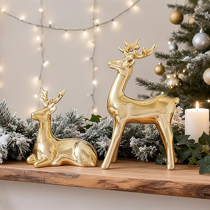 WDS WONDROUS Christmas Decorations Reindeer Figurines, Gold Set of 2 Ceramic Reindeer Statues Xmas Decor Indoor, Christmas Deer Figurines, Deer Decor for Tabletop Home Bedroom Winter Living Room
