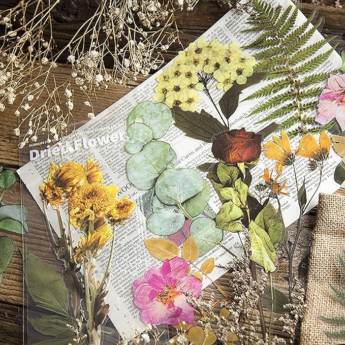 MAXLEAF Transparent Waterproof Stickers Set - 48PCS Vintage Plants Flowers Collection Big Size Waterproof Stickers for Decoration Planners Scrapbook Laptops (Dried Flowers)