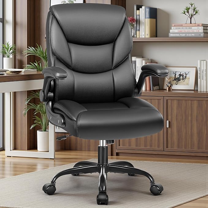 PU Leather Executive Office Chair, Ergonomic High-Back Computer & Gaming Chair with Adjustable Height, Rolling Swivel & Flip-Up Armrests, Comfy Padded Seat for Home Office-Black