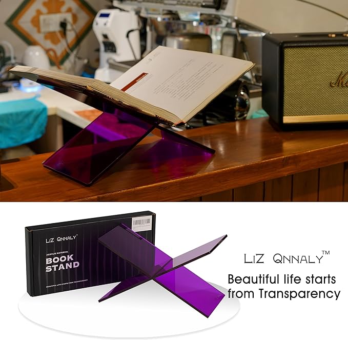 Large Clear Acrylic Book Stand - Perfect for Displaying Open Bibles, Cookbooks on Coffee Table - Ideal for Guest Books, Magazines with Purple Lucite Paperweight