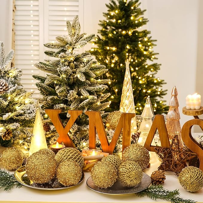 6pcs 3.94" Christmas Ball Ornaments Glitter Shatterproof Christmas Tree Ornaments Sequin Xmas Hanging Balls Decorations for Wedding Party Holiday(Gold, 6pc-10cm)