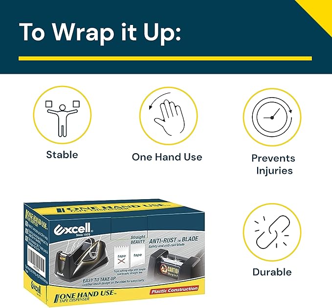 Excell EX-11419BK Desk Tape Dispenser (1" core) with Non-Skid Base, Desktop Tape Dispenser Design for Home, Office, Gift Store and Wrapping Purpose (1)