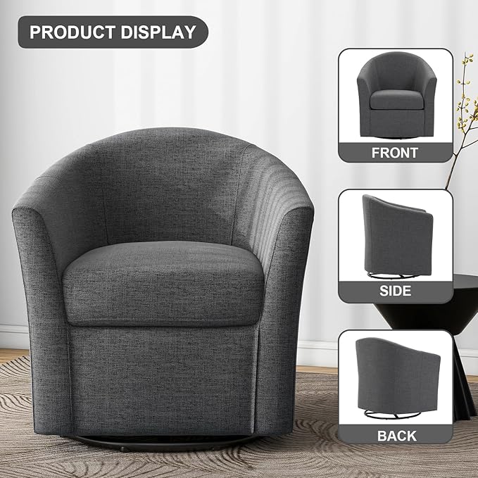 UIXE 360° Swivel Barrel Accent Chair, Modern Round Arm Chair Upholstered Club Armchair, Single Sofa Seating in Fabric for Living Room, Bedroom (Dark Grey)