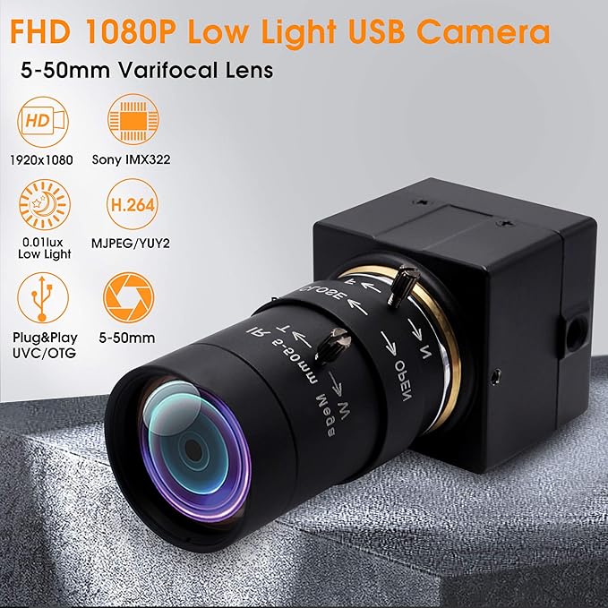 SVPRO USB Web Camera 1080P Full HD Webcam with Zoom Lens, 5-50mm Telephoto Webcam Manual Focus with Sony IMX323 Sensor, H.264 0.01lux Low Light Camera for Industrial Machine Vision,UVC Free Drive