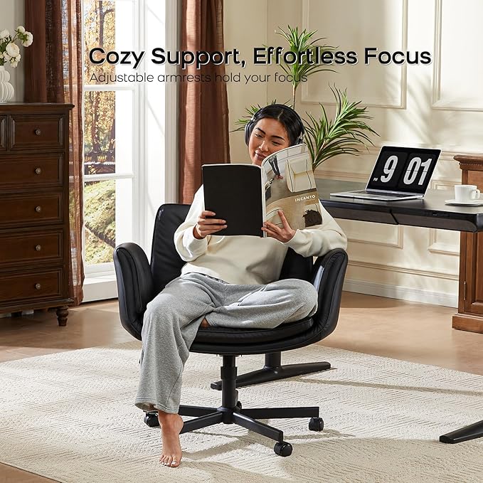 Criss Cross Chair with Armrests & Wheels, PU Leather Vanity Chair, Comfortable Adjustable Swivel Computer Office Desk Chairs for Home, Make Up, Bed Room (Black)