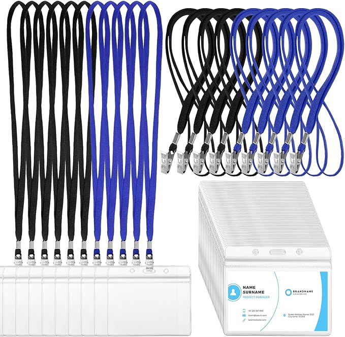 Marspark 100 Sets Clear Name Tags with Lanyard, Lanyards for ID Badges Reusable Strap with ID Holder Plastic Name Badges for Adults Business School Church Conference (Black,Blue)