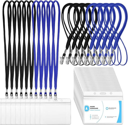 Marspark 100 Sets Clear Name Tags with Lanyard, Lanyards for ID Badges Reusable Strap with ID Holder Plastic Name Badges for Adults Business School Church Conference (Black,Blue)
