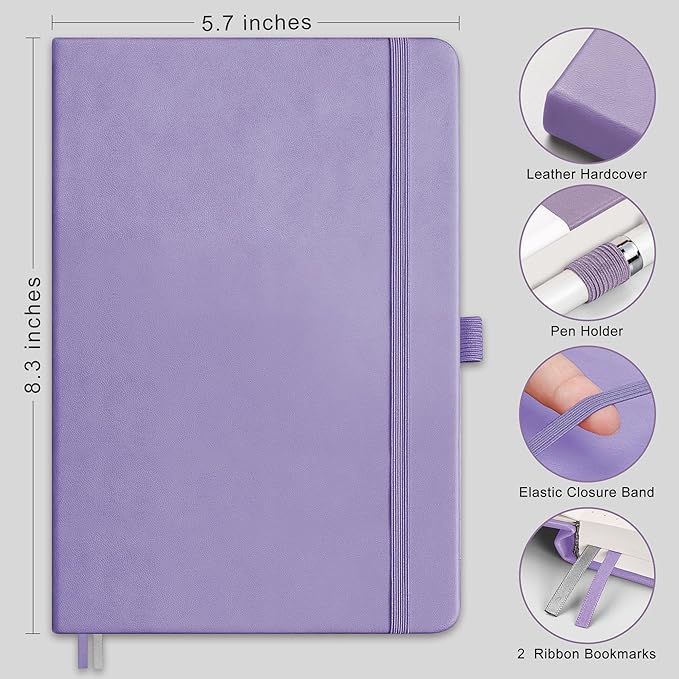 RETTACY Bullet Dotted Journal Notebook, 256 Pages, A5 Medium Size (5.7'' × 8.3''), Leather Hardcover, 120 GSM Thick Paper, for Bullet Journaling, Planning, Tracking (Purple)