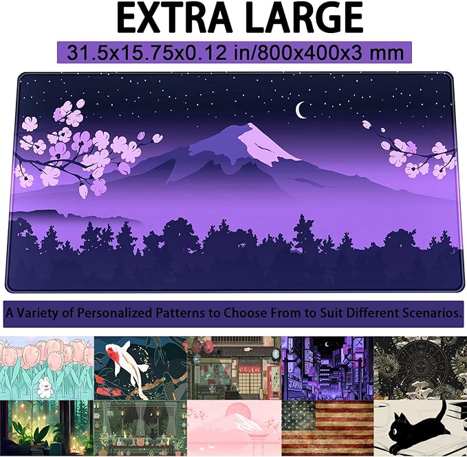 Purple Desk Mat Japanese Desk Pad Cute Fuji Mountain Gaming Mousepad Large, Cherry Blossom Mouse Pad XXL Desk Mats, Kawaii Anime Deskmats Desktop Protector Laptop Keyboard Mat Pad 31.5x15.75 in
