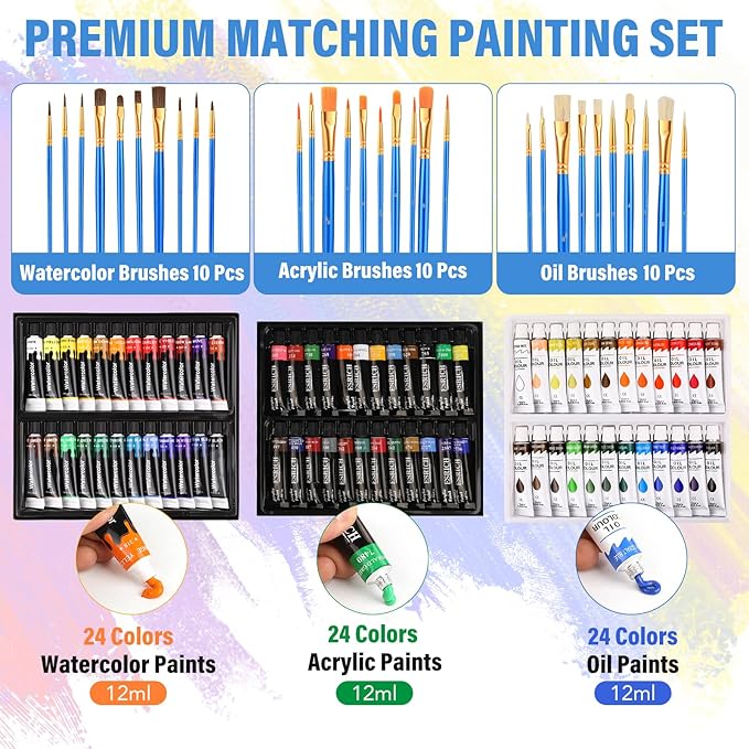 122PCS Professional Painting Set,Art Painting Supplies Kit,Canvas Painting Kit with Tabletop Wooden Easel,72Colors(Acrylic Paint Set,Watercolor,Oil) Brushes, Canvases,Painting Set for Kids Adults