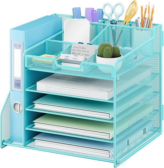 Lavatino 5-Tier Metal Mesh Desk Organizer with File Holder & 7 Customizable Compartments | Paper Letter Tray for Office or Home Desk Storage | Keep Workspace Supplies Neat & Organized, Blue