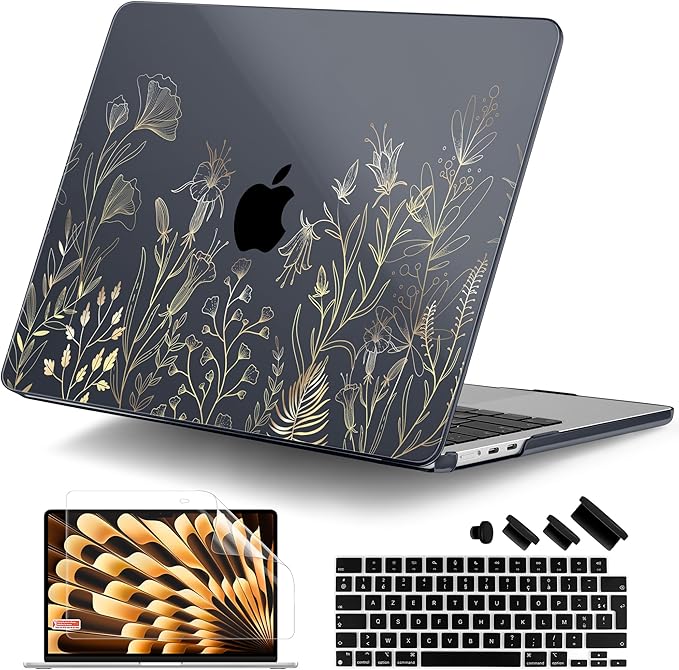 DONGKE Compatible with M4 MacBook Air 15 inch Case 2025 2024 2023 A3241 A3114 A2941 M3 M2 Liquid Retina Display Touch ID, Plastic Hard Case & Keyboard Skin & Screen Protector - Floral Blooming