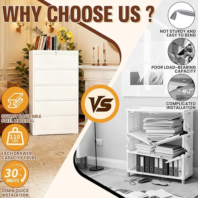 5-Drawer Lateral File Cabinet with Lock, Black Metal Filing Cabinet for Office or Home – Secure Storage for Letter/Legal/A4/F4 Documents, Easy to Assemble Locking File Organizer (White, 5 Drawer-64"H)