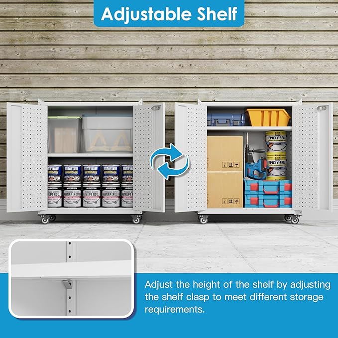 Aobabo 34.3" H Garage Storage Cabinet with Wheels,Lockable Metal Storage Cabinet with 2 Doors for Garage Home Office Storage,White,Assembly Required