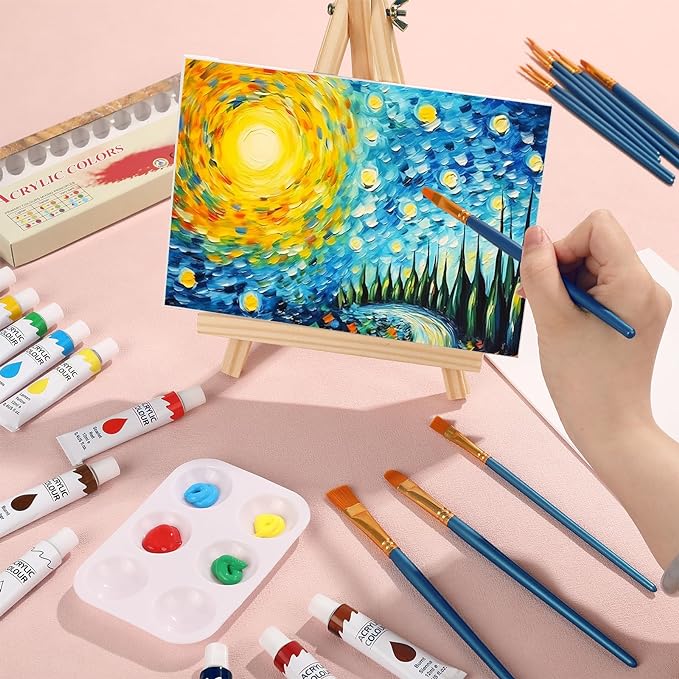 ESRICH 26 PCS Acrylic Paint Set with 12 Colors Acrylic Paints (12ml, 0.4 oz), 10 Paint Brushes, 2 Canvas, 1 Wood Easel, 1 Plate, Painting Supplies Kits for Kids, Adults, Artists and Beginners