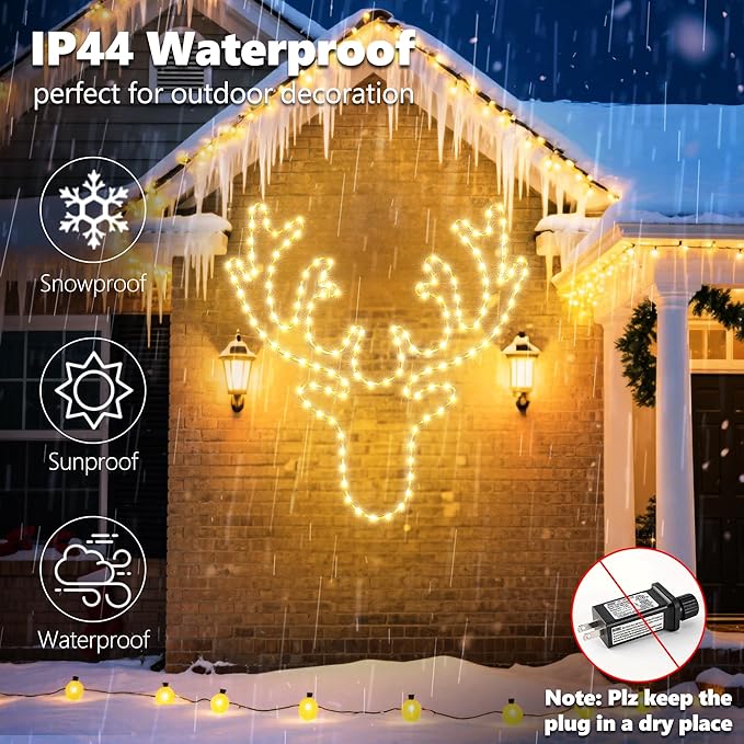 Joomer 32'' Christmas Lights Outdoor Waterproof LED Deer Decoration Neon with Timer for Outdoor Home Party Wall Hanging Light(Warm White)