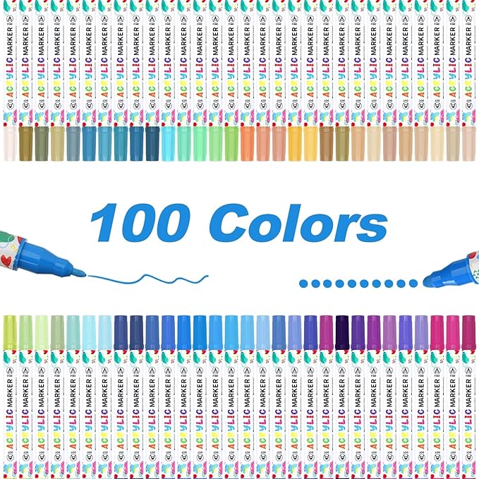 100 Colors Acrylic Paint Pens, Dual Tip Acrylic Paint Markers for Paper, Wood, Canvas, Stone, Rock Painting, Glass, Fabric, DIY, Ceramic, Art Supplies for Kids and Adults Drawing (Dot + Fine)