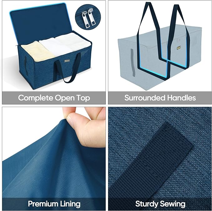 BALEINE Extra Large Storage Tote with Zippers & Carrying Handles, Heavy-Duty Oxford Fabric Moving Bags for Laundry, Space Saving, Storage, Denim Blue